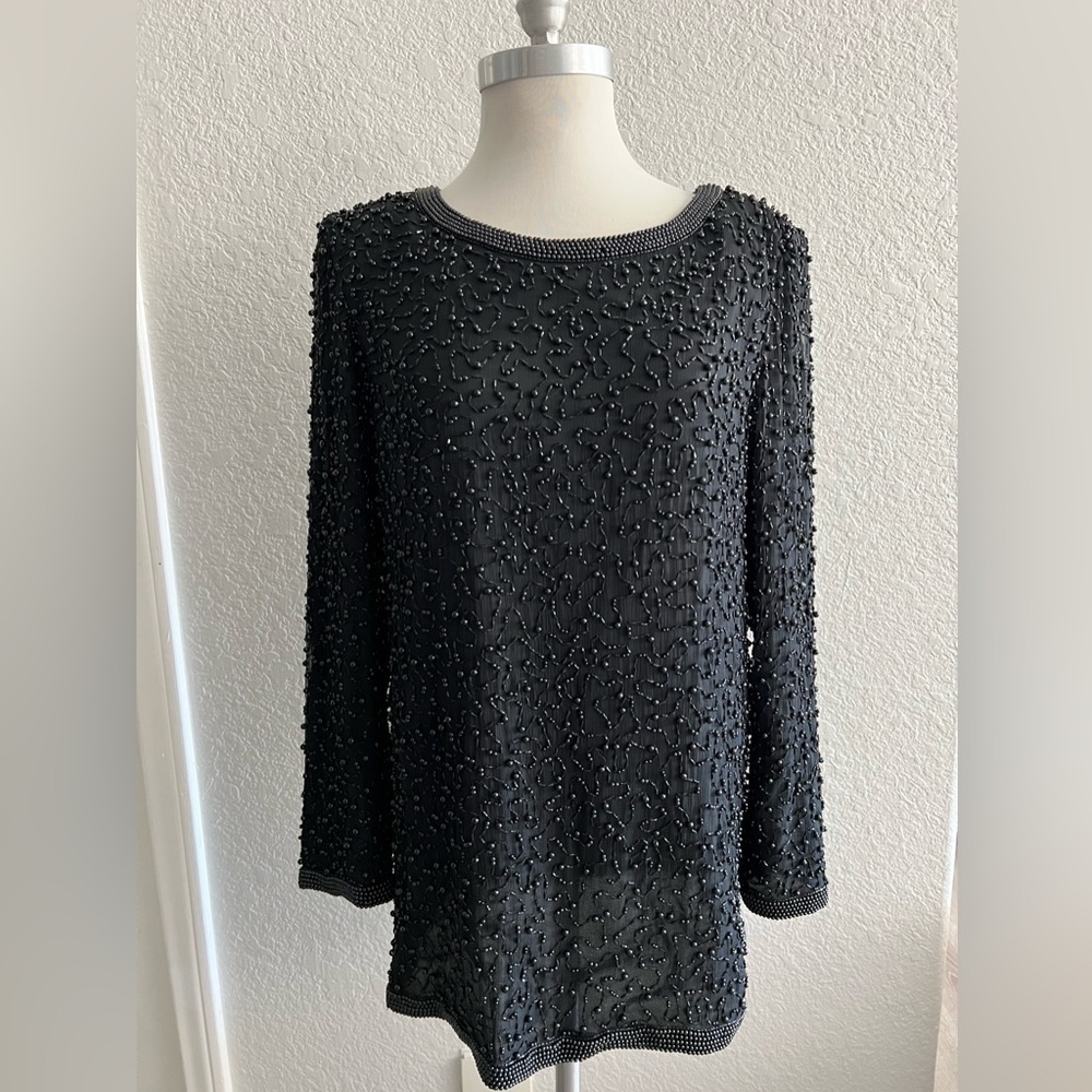 Papell Boutique Evening Black Beaded Silk Vintage Dress Tunic womens Size M 8/10